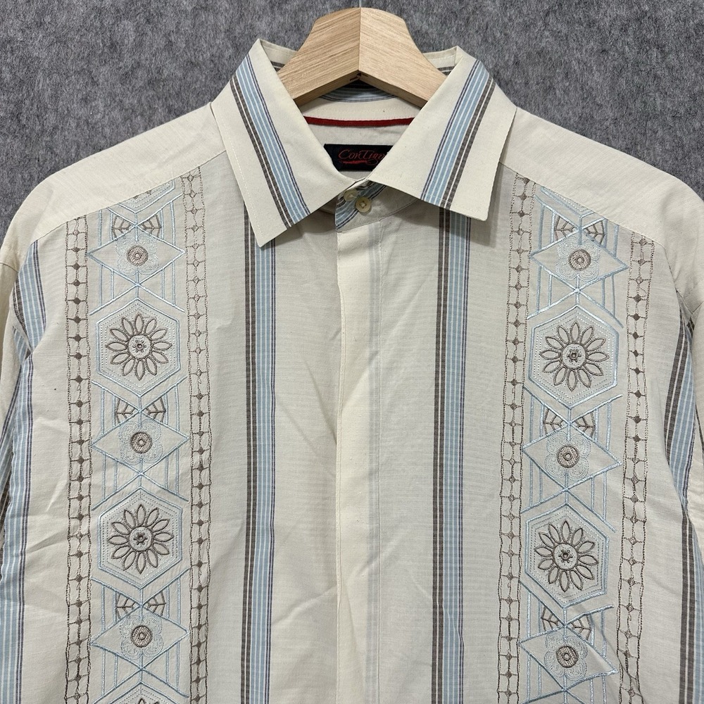Vintage‎ Contigo Embroidered Stripe Button Up Shirt Cream Blue Western Men's L